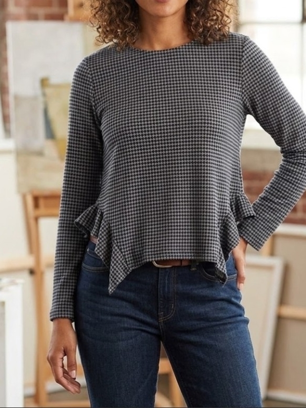 Zara Gray Houndstooth Gingham Asymmetrical Long Sleeve Ruffle Hem Peplum Top M